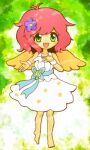  1girl angel angel_wings bangs blush chibi dress flower full_body green_eyes hair_flower hair_ornament hand_on_own_chest harpy_(puyopuyo) looking_at_viewer lowres madou_monogatari open_mouth pink_hair puyopuyo short_hair smile solo standing standing_on_one_leg tomatori white_dress wings yellow_wings 