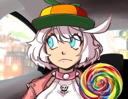  1girl candy car_interior catpuccino4 choker collar derivative_work elphelt_valentine english_commentary eyelashes food frown guilty_gear guilty_gear_strive hat highres holding holding_candy holding_food holding_lollipop jacket lollipop looking_to_the_side medium_hair meme open_clothes open_jacket pink_choker pink_jacket propeller_hat rejection_reaction_(meme) solo spiked_collar spikes swirl_lollipop white_hair 