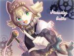  1girl amitie_(puyopuyo) animal_hat bangs blonde_hair blush cat_hat green_eyes hat looking_at_viewer microphone official_alternate_costume open_mouth puyopuyo short_hair user_hzkm7854 
