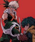  alternate_eye_color arm_at_side arm_on_knee backpack bag baggy_pants bakugou_katsuki bangs bare_shoulders black_mask black_outline black_pants black_tank_top blonde_hair bodysuit boku_no_hero_academia cape chiyaya collarbone curly_hair detached_sleeves eye_mask freckles gloves green_bodysuit green_gloves green_hair green_mask hair_between_eyes head_down headgear highres knees_to_chest knees_up looking_at_another looking_down male_focus mask mask_on_head midoriya_izuku open_mouth orange_eyes orange_gloves outline outstretched_arm outstretched_hand pants pectoral_cleavage pectorals profile red_background sanpaku short_hair simple_background sitting sleeveless spiky_hair spoilers standing tank_top toned toned_male torn_sleeve two-tone_gloves upper_body v-neck white_gloves x yellow_bag yellow_cape 