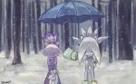  1boy 1girl animal_ears arms_behind_back artist_name back blaze_the_cat blue_umbrella couple full_body gloves holding holding_umbrella long_sleeves ponytail purple_hair silver_the_hedgehog skyavii_sonic snow snowing sonic_(series) standing tail tree umbrella white_gloves white_hair winter 