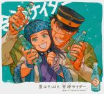  1boy 1girl ainu ainu_clothes air_bubble asirpa bandana behind_another black_hair blue_background blue_bandana blue_eyes border bottle bubble coat earrings fake_ad gkyoyo00 golden_kamuy green_kimono grin hands_up hat highres holding holding_bottle hoop_earrings japanese_clothes jewelry kepi kimono long_hair long_sleeves looking_at_viewer military_hat purple_kimono ramune scar scar_on_cheek scar_on_face scar_on_mouth scar_on_nose shirt short_hair sleeves_rolled_up smile spiky_hair sugimoto_saichi upper_body white_border white_coat white_shirt wrist_guards yellow_eyes 