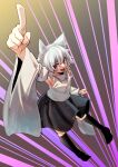  1girl 9302w_(user_wjpg8475) :d animal_ear_fluff animal_ears arm_up armpits bangs bare_shoulders black_skirt black_thighhighs emphasis_lines from_above full_body grey_background highres inubashiri_momiji looking_at_viewer open_mouth pointing pointing_at_viewer red_eyes shirt short_hair skirt smile solo tail thigh-highs touhou white_hair white_shirt white_sleeves wolf_ears wolf_girl wolf_tail 