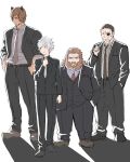  4boys animal_ears beard bell_cranel belt black_footwear black_pants black_shirt black_undershirt bord_elder brown_footwear brown_hair buttons cigarette collared_shirt dungeon_ni_deai_wo_motomeru_no_wa_machigatteiru_darou_ka eyepatch facial_hair formal gareth_landrock grey_shirt hair_down hands_in_pockets highres holding holding_cigarette long_hair long_sleeves looking_at_viewer looking_to_the_side multiple_boys necktie open_clothes open_shirt ottar pants sasamoto_(7msaaxt6qto3joj) scar scar_on_face shadow shirt short_hair simple_background suit white_background 