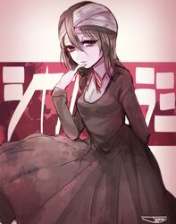  1girl ace_attorney arm_behind_back bandaged_head bandages black_dress black_hair breasts dress eyelashes hair_between_eyes lgw7 long_hair long_sleeves looking_at_viewer pale_skin ribbon small_breasts viola_cadaverini 