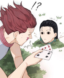  !? 2boys absurdres black_eyes black_hair card earrings facial_mark grass highres hisoka_morow holding holding_card hunter_x_hunter illumi_zoldyck jewelry male_focus multiple_boys no_pupils open_mouth playing_card red_hair star_(symbol) star_facial_mark sweat uno_0a 