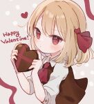  1girl ascot bangs black_vest blonde_hair box commentary dot_mouth english_text gift hair_ribbon happy_valentine heart heart-shaped_box highres holding holding_gift medium_hair nig_18 red_ascot red_eyes red_ribbon revision ribbon rumia shirt sleeves_past_elbows solo touhou upper_body valentine vest white_shirt 