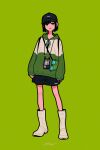 1girl absurdres bag bangs baseball_cap black_hair black_headwear black_shorts boots bright_pupils green_background green_eyes green_theme hat highres hood hood_down jewelry looking_at_viewer necklace original short_hair shorts shoulder_bag signature simple_background sleeves_past_wrists solo white_footwear white_pupils yoshi_mi_yoshi 