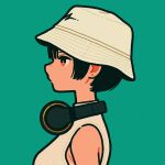  1girl absurdres aqua_background black_hair earrings headphones highres jewelry orange_eyes original profile shirt short_hair simple_background sleeveless sleeveless_shirt solo white_headwear white_shirt yoshi_mi_yoshi 