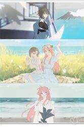  2girls absurdres bang_dream! bang_dream!_it's_mygo!!!!! beach bird black_choker black_shirt blush breasts brh brown_eyes chihaya_anon choker closed_mouth day dress earrings eating flower grass grey_eyes grey_hair hair_flower hair_ornament heart highres jacket jewelry long_hair looking_at_viewer medium_breasts multiple_girls ocean off_shoulder one-eyed one_eye_closed outdoors pink_hair shirt short_hair short_sleeves sitting takamatsu_tomori white_dress white_jacket 