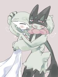  2girls ^_^ animal_hands averting_eyes black_fur blush bob_cut body_fur closed_eyes colored_skin commentary cowboy_shot flat_chest furry furry_female furry_with_non-furry gardevoir green_fur green_hair green_skin grey_background hair_over_one_eye half-closed_eyes hand_on_another's_head hand_on_another's_shoulder hand_on_another's_waist happy heart highres hug interspecies looking_back mame_(nanase_pk) meowscarada multicolored_skin multiple_girls mutual_hug one_eye_covered open_mouth pokemon pokemon_(creature) red_eyes short_hair short_tail simple_background smile standing tail two-tone_fur two-tone_skin white_skin yuri 