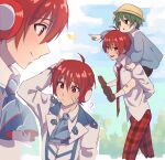  2boys ? ahoge arsloid ascot bandage_on_face bandages carrying child collared_shirt from_side green_eyes green_hair highres kindergarten_uniform lapels male_child male_focus multiple_boys multiple_views necktie nifffi open_mouth pants piggyback plaid plaid_pants pointing red_eyes redhead ryuuto_(vocaloid) scratching_head shirt smile vocaloid 