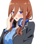  1girl absurdres bangs black_jacket blue_eyes blue_shirt blush breasts brown_hair commentary_request finger_to_mouth fingernails go-toubun_no_hanayome hand_up headphones headphones_around_neck highres jacket large_breasts long_hair looking_at_viewer nakano_miku open_clothes open_jacket open_mouth school_uniform shirt shushing simple_background solo tokunaga_(umemoto) upper_body v-shaped_eyebrows white_background 
