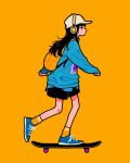  1girl backpack bag bandaid bandaid_on_knee bandaid_on_leg baseball_cap black_hair blue_footwear blue_sweater full_body hat headphones highres long_hair long_sleeves orange_background orange_bag orange_socks original print_sweater profile shoes simple_background skateboard skateboarding socks solo standing sweater violet_eyes white_headwear yoshi_mi_yoshi 