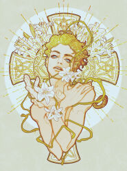  1boy absurdres blonde_hair blue_eyes cross crossed_arms curly_hair flower ginsky2000 giorno_giovanna highres jojo_no_kimyou_na_bouken open_mouth plant teeth upper_body vento_aureo white_flower 