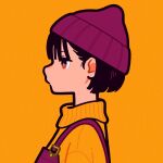  1girl absurdres bangs beanie black_hair bright_pupils brown_eyes brown_headwear brown_overalls english_commentary expressionless hat highres orange_background orange_sweater original overalls short_hair simple_background solo sweater white_pupils yoshi_mi_yoshi 