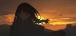  1girl backlighting bangs black_hair blunt_bangs braid chongzhen_085 chromatic_aberration closed_mouth clouds cloudy_sky expressionless floating_hair highres long_hair looking_at_viewer mountainous_horizon original outdoors portrait red_eyes red_scarf scarf sky solo sun sunset wind 