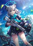 1girl animal_ears assault_rifle bag bicycle blue_archive blue_eyes building clouds commentary_request grey_hair ground_vehicle gun hair_ornament hairclip halo highres medium_hair nogi_lief outdoors revision rifle scarf school_uniform shiroko_(blue_archive) sig_sauer sig_sauer_556 sky solo tree trigger_discipline weapon wolf_ears 