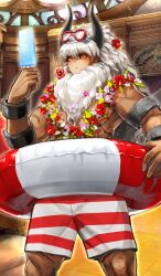  1boy :i armlet asterios_(fate) asterios_(formal_dress)_(fate) beard black_horns black_sclera blush bracelet chaldea_logo closed_mouth colored_sclera commentary dark-skinned_male dark_skin earrings facial_hair fate/grand_order fate_(series) feet_out_of_frame flower flower_necklace flower_request food goggles goggles_on_head hair_between_eyes hair_flower hair_ornament holding holding_food holding_popsicle hoop_earrings horizontal-striped_clothes horns indoors innertube jewelry light_rays long_beard long_hair looking_at_viewer male_focus male_swimwear muscular muscular_male official_art pink_flower popsicle red_eyes red_flower red_male_swimwear scar scar_on_arm scar_on_chest scar_on_chin scar_on_face scar_on_leg shimadoriru solo stained_glass standing striped_male_swimwear swim_ring swim_trunks third-party_source white_beard white_flower white_hair white_male_swimwear 