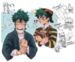  !? 2boys alternate_costume bakugou_katsuki bespectacled blush boku_no_hero_academia book character_doll closed_mouth collared_shirt commentary earrings english_commentary english_text explosion freckles glasses green_eyes green_hair green_jacket habkart highres holding holding_book jacket jewelry lego lego_minifig long_sleeves looking_at_viewer male_focus midoriya_izuku multiple_boys ring round_eyewear scar scar_on_hand shirt short_hair simple_background striped striped_shirt stuffed_toy sweater turtleneck turtleneck_sweater upper_body white_background white_sweater 