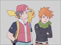  2boys backpack bag bangs belt belt_buckle black_belt black_jacket black_shirt black_wristband blue_oak brown_hair brown_pants buckle closed_mouth frown green_scarf hand_in_pocket hat jacket jaho male_focus multiple_boys on_shoulder pants pikachu pokemon pokemon_(creature) pokemon_(game) pokemon_hgss pokemon_on_shoulder red_(pokemon) red_headwear red_jacket runny_nose scarf shirt short_hair short_sleeves sleeveless sleeveless_jacket snot snowing spiky_hair t-shirt vs_seeker yellow_bag 