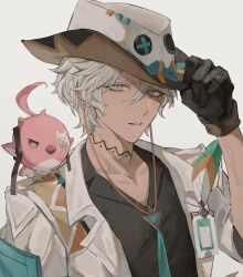  1boy absurdres aqua_eyes black_shirt cacucu closed_mouth collarbone collared_shirt commentary_request cowboy_hat dark-skinned_male dark_skin feathers genshin_impact hair_between_eyes hand_on_headwear hat highres id_card ifa_(genshin_impact) jacket koumimi lapels male_focus neck_tattoo open_clothes open_jacket parted_lips scar scar_across_eye shirt short_hair simple_background solo tassel tattoo upper_body white_background white_hair white_hat white_jacket 