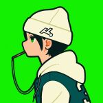  1girl beanie drawstring expressionless green_background green_eyes hat highres hood hood_down mouth_hold original second-party_source simple_background solo upper_body white_headwear yoshi_mi_yoshi 