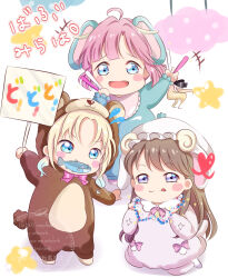  +++ 3girls :3 :d :q aged_down ahoge alternate_costume animal_costume animal_ears anyoji_hime bear_costume blonde_hair blue_hair blunt_bangs blush blush_stickers brown_hair chibi chibi_only closed_mouth commentary_request fish fujishima_megumi glowstick gradient_hair hair_intakes heart highres holding holding_glowstick holding_sign iroenpitsu_xxx link!_like!_love_live! long_hair lop_rabbit_ears love_live! mira-cra_park! mouth_hold multicolored_hair multiple_girls open_mouth osawa_rurino penlight_(glowstick) pink_hair placard ponytail rabbit_costume rabbit_ears sheep_costume sidelocks sign smile split_mouth swept_bangs tongue tongue_out twintails two_side_up v-shaped_eyebrows violet_eyes virtual_youtuber watermark white_background 