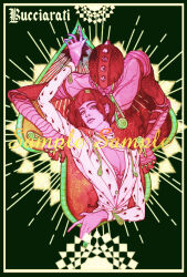  1boy 1other bruno_bucciarati cleavage_cutout clothing_cutout colored_skin english_text ginsky2000 green_background hair_ornament hairclip helmet high_collar highres jacket jojo_no_kimyou_na_bouken lips long_sleeves pectorals pink_skin red_hair red_theme stand_(jojo) sticky_fingers_(stand) vento_aureo white_jacket zipper_pull_tab 