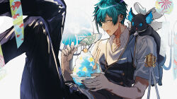  1boy 1other absurdres animal_print belt black_belt black_hair black_pants blue_eyes collar commentary_request electric_fan feet_out_of_frame fingernails fish_print floyd_leech food full_body grey_vest grim_(twisted_wonderland) hair_between_eyes hand_fan highres holding holding_fan holding_food hot knees_up looking_at_animal male_focus monster multicolored_hair nana_tetra open_mouth pants plate ribbon sharp_teeth shirt short_hair shrimp_print simple_background star_(symbol) streaked_hair sweatdrop teeth twisted_wonderland upper_teeth_only vest white_background white_ribbon white_shirt yellow_eyes 