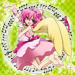  angel angel_wings colored_eyelashes dress flower full_body green_background green_eyes hair_flower hair_ornament harpy_(puyopuyo) holding holding_microphone jorippa looking_at_viewer microphone music musical_note pink_dress pink_hair puyopuyo short_hair singing star_(symbol) wings yellow_wings 