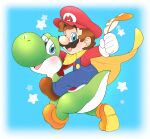  blue_background blue_eyes brown_footwear brown_hair cape colored_skin facial_hair feathers gloves green_skin highres holding holding_feather looking_at_viewer male_focus mario mustache open_mouth orange_footwear overalls riding smile star_(symbol) super_mario_bros. super_mario_world tail vergolophus white_gloves yoshi 