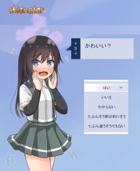  1girl akinator_(site) arm_warmers asashio_(kancolle) black_hair blue_background blue_eyes collared_shirt comiching commentary_request cowboy_shot dress_shirt grey_skirt highres kantai_collection long_hair looking_at_viewer open_mouth parody pleated_skirt shirt skirt solo steam suspender_skirt suspenders translation_request wavy_mouth white_shirt 
