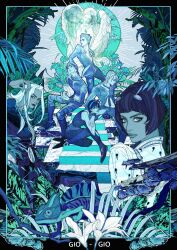  6+boys absurdres angel_statue black_hair blue_boots blue_eyes blue_pants blue_shirt blue_theme bob_cut boots bruno_bucciarati chameleon english_text feathered_wings flower ginsky2000 giorno_giovanna guido_mista hair_ornament hairclip highres jacket jojo_no_kimyou_na_bouken leone_abbacchio long_hair multiple_boys narancia_ghirga necktie pannacotta_fugo pants shirt short_hair sitting sitting_on_stairs stairs striped_clothes striped_pants vento_aureo white_flower white_hair white_jacket wings 