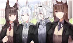  4girls absurdres akagi_(azur_lane) alternate_costume amagi_(azur_lane) animal_ear_fluff animal_ears azur_lane black_hairband black_jacket black_necktie blazer blue_eyes blue_necktie brown_hair brown_sweater building bush closed_mouth collared_shirt commentary_request dated_commentary day eyeliner floppy_ears fox_ears fox_girl grey_hair grey_hoodie hair_between_eyes hair_ornament hairband highres hood hoodie jacket kaga_(azur_lane) long_hair looking_at_another looking_at_viewer low_ponytail makeup multiple_girls necktie outdoors parted_lips pointing pointing_at_another ponytail red_eyeliner red_eyes red_necktie red_pupils samip school_uniform shirt short_hair siblings side-by-side sisters sunlight sweater tosa_(azur_lane) upper_body violet_eyes white_hair white_shirt 