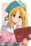  1girl :/ ahoge apron bangs blonde_hair bocchi_the_rock! book closed_mouth collared_shirt commentary_request cooking cooking_pot eyelashes eyes_visible_through_hair furrowed_brow head_scarf highres holding holding_book holding_ladle ijichi_nijika kanaria_hisagi ladle light_blush light_brown_background long_hair looking_at_object parted_bangs pink_apron red_eyes shirt side_ponytail sidelocks simple_background solo steam upper_body very_long_hair white_shirt 