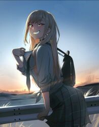  1girl bag blonde_hair blue_sky brown_eyes commentary ear_piercing english_commentary evening gradient_sky grey_skirt grin highres kitagawa_marin looking_at_viewer orange_sky outdoors piercing school_bag school_uniform shirt skirt sky smile solo sono_bisque_doll_wa_koi_wo_suru sunset teeth waligner white_shirt 