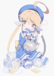  1girl ahoge bandaid bandaid_on_clothes bandaid_on_knee bandaid_on_leg bangs blonde_hair blue_bow blue_bowtie blue_dress blue_headwear blue_thighhighs bow bowtie daizu_(melon-lemon) detached_ahoge dress eyes_visible_through_hair folder full_body hair_between_eyes hair_ornament hat head_tilt highres holding holding_kettle ice ice_cube kettle long_bangs long_hair long_sleeves looking_at_viewer low_twintails melting original parted_lips puddle seiza sidelocks simple_background sitting solo steam striped striped_bow striped_bowtie striped_thighhighs thigh-highs twintails very_long_hair violet_eyes water white_background wide_sleeves wing_hair_ornament 