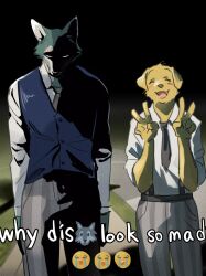  animal_ears beastars blush cherryton_school_uniform closed_eyes dog_boy dog_ears double_v emoji english_text facing_viewer fang furry furry_male highres jack_(beastars) legoshi looking_at_viewer male_focus meme open_mouth rcta9 scar scar_across_eye school_uniform smile v why_dis_ninja_look_so_mad_(meme) wolf_boy wolf_ears 