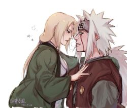  1boy 1girl assertive_female blonde_hair blush facial_hair flak_jacket jacket jiraiya_(naruto) looking_at_another mature_female mine00451 naruto naruto_(series) tsunade_(naruto) upper_body white_hair 