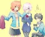  1boy 2girls ahoge alternate_costume black_hair black_pants black_pantyhose black_skirt blazer blue_eyes blue_hoodie blue_jacket blue_skirt blush casual cellphone clothes collared_shirt eka_eri fate/grand_order fate_(series) fujimaru_ritsuka_(female) fujimaru_ritsuka_(male) fujimaru_ritsuka_(male)_(morning_glory) hair_over_one_eye holding holding_clothes holding_clothes_hanger holding_phone holding_skirt hood hood_down hoodie jacket long_sleeves looking_at_another mash_kyrielight multiple_girls open_mouth orange_eyes orange_hair pants pantyhose phone pink_hair pleated_skirt shirt short_hair simple_background skirt smartphone smile translation_request violet_eyes white_shirt yellow_background yellow_hoodie 