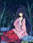 1girl bamboo bamboo_forest black_hair blue_flower branch closed_mouth fantasy_rainbow flower forest frilled_shirt_collar frilled_sleeves frills hair_between_eyes houraisan_kaguya jeweled_branch_of_hourai light_smile lily_(flower) lily_pad long_hair long_sleeves looking_at_viewer nature partially_submerged pink_shirt red_eyes red_skirt shirt skirt sleeves_past_fingers sleeves_past_wrists solo touhou very_long_hair wide_sleeves 