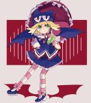  1girl 32rhodium62 amitie_(puyopuyo) animal_hat bangs bat_wings black_footwear black_skirt blonde_hair blush cat_hat green_eyes hat highres holding holding_umbrella official_alternate_costume puyopuyo puyopuyo_quest short_hair skirt solo umbrella wings 