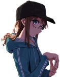  1girl :o baseball_cap black-framed_eyewear black_headwear brown_hair drawstring english_commentary from_side glasses hair_flowing_over hair_tie hat highres hood hooded_track_jacket jacket looking_to_the_side low_ponytail mixed-language_commentary original own_hands_together ryuunosuke_(luckyneco) sidelocks solo track_jacket violet_eyes 