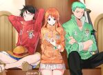  1girl 2boys :q arm_behind_back arms_up artist_name black_hair black_pants blue_shorts closed_mouth crossed_arms crossed_legs frilled_skirt frills green_hair indoors joman long_hair looking_at_viewer monkey_d._luffy multiple_boys nami_(one_piece) one_eye_closed one_piece orange_hair pants roronoa_zoro scar scar_across_eye short_hair shorts shorts_rolled_up sitting skirt tongue tongue_out white_skirt 
