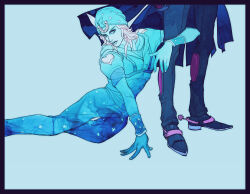  2boys beanie blue_boots blue_cape blue_hat blue_pants blue_shirt blue_theme boots cape ginsky2000 gyro_zeppeli hat heart highres horseshoe_hat_ornament hugging_another's_leg johnny_joestar jojo_no_kimyou_na_bouken lower_body multiple_boys pants shirt short_sleeves spurs star_(symbol) steel_ball_run white_hair wristband 