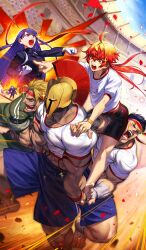  2girls 4boys abs ahoge arm_tattoo azusa_(hws) beowulf_(fate) beowulf_(muscle_cavalier)_(fate) bishounen black_hair black_jacket black_shorts blonde_hair blue_eyes blue_shorts blue_sky blush bracelet chest_tattoo clenched_hands closed_eyes colosseum commentary crop_top crossdressing day dutch_angle fate/grand_order fate_(series) fergus_mac_roich_(fate) fergus_mac_roich_(muscle_cavalier)_(fate) floating_hair gakuran gloves gold_helmet green_jacket green_pants gym_shirt gym_shorts gym_uniform headband helmet high_collar jacket jewelry kibasen leonidas_(fate) leonidas_(muscle_cavalier)_(fate) long_hair long_sleeves low_ponytail male_focus martha_(fate) martha_(muscle_cavalier)_(fate) mash_kyrielight mash_kyrielight_(muscle_cavalier) motion_lines multiple_boys multiple_girls muscular muscular_male name_tag official_art ouendan outdoors pants pectorals petals pointing pom_pom_(cheerleading) ponytail projected_inset purple_hair rama_(fate) rama_(muscle_cavalier)_(fate) red_hair red_headband red_tattoo rose_petals scar scar_on_chin scar_on_face school_uniform shirt short_hair short_sleeves shorts shouting sky sleeves_rolled_up sparkle straight_hair sunlight tattoo teeth third-party_source undersized_clothes veins very_long_hair white_gloves white_shirt 
