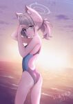  1girl absurdres aiken_boluo animal_ear_fluff animal_ears bangs black_one-piece_swimsuit blue_archive blue_eyes breasts competition_swimsuit contrapposto covered_navel cross_hair_ornament extra_ears feet_out_of_frame grey_hair hair_ornament halo highres horizon looking_at_viewer low_ponytail medium_breasts medium_hair mismatched_pupils multicolored_clothes multicolored_swimsuit ocean one-piece_swimsuit shiroko_(blue_archive) shiroko_(swimsuit)_(blue_archive) solo standing sunset swimsuit wet wet_clothes 