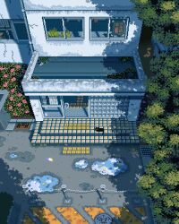  animal animated animated_gif building cat day english_commentary flower highres looping_animation mae_1031 manhole_cover no_humans original pavement pixel_art puddle scenery shadow tactile_paving wind 