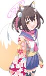  1girl :d animal_ear_fluff animal_ears blue_archive blue_sailor_collar blue_skirt blush brown_hair cowboy_shot fang floral_print fox_ears fox_girl fox_tail halo highres izuna_(blue_archive) japanese_clothes karon_(karon_cha) kimono looking_at_viewer neckerchief orange_eyes orange_tail pink_neckerchief pink_scarf print_kimono sailor_collar scarf school_uniform serafuku simple_background skin_fang skirt smile solo tail white_background white_serafuku 